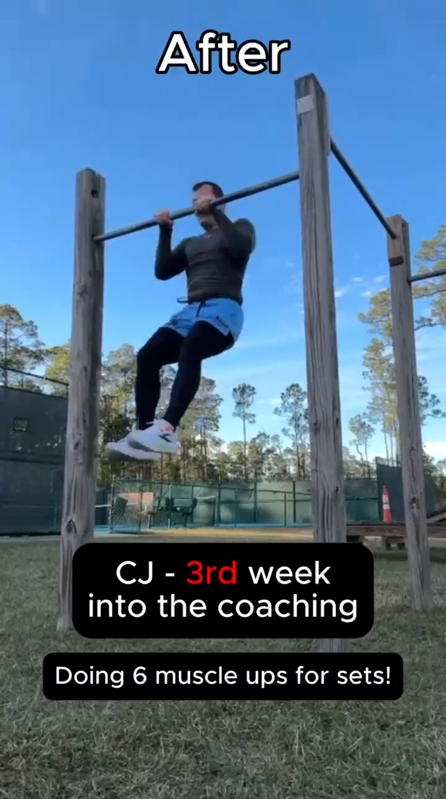 CJ pulling into a muscle-up on an outdoor bar